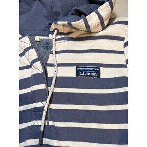 LL Bean Hooded Striped Henley Rugby Shirt S Blue/White Long Sleeve 100% Cotton